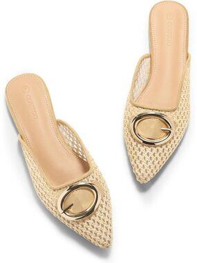 Women's Khaki Flats Mules Metal Closed Pointed Toe Slip On Summer Dress Shoes